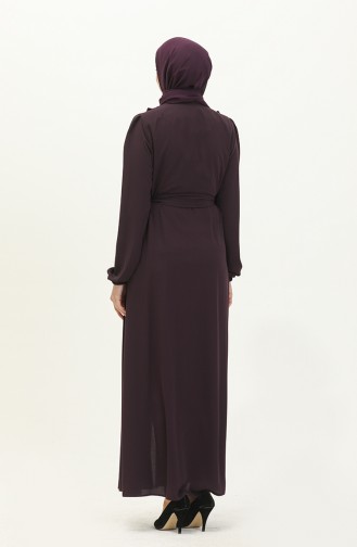 Frilly Belted Abaya 3017-04 Plum 3017-04
