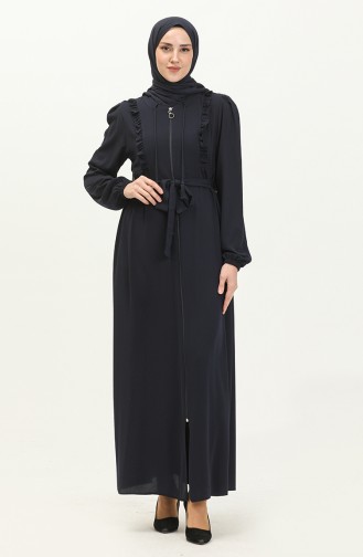 Frilly Belted Abaya 3017-05 Dark Blue 3017-05