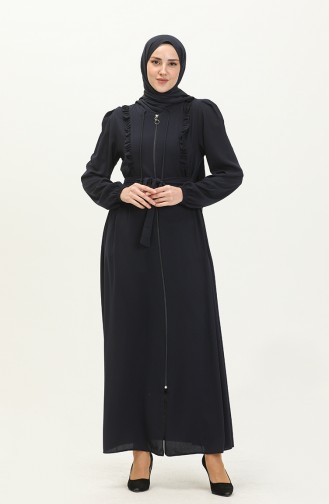 Abaya Ceinturée à Froufrous 3017-05 Bleu Marine 3017-05