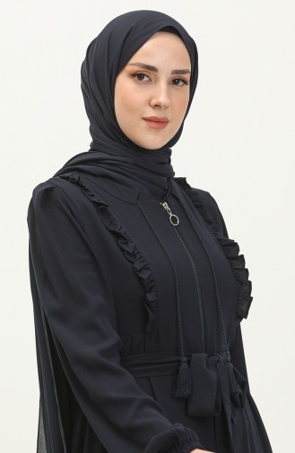 Frilly Belted Abaya 3017-05 Dark Blue 3017-05