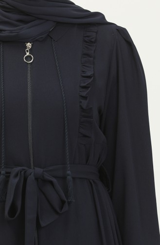 Frilly Belted Abaya 3017-05 Dark Blue 3017-05