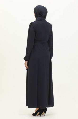 Frilly Belted Abaya 3017-05 Dark Blue 3017-05