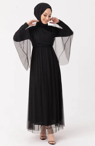 Abendkleid mit Blumenapplikationen aus Tüll 10304-04 Schwarz 10304-04