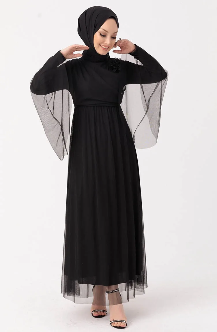 Abendkleid mit Blumenapplikationen aus Tüll 10304-04 Schwarz 10304-04