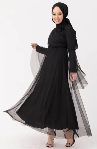 Abendkleid mit Blumenapplikationen aus Tüll 10304-04 Schwarz 10304-04
