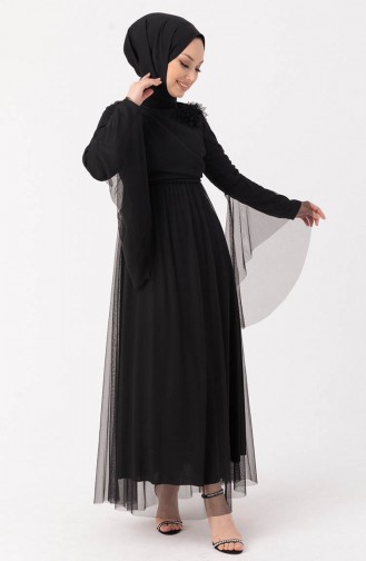 Çiçek Aplikeli Tül Abiye Elbise 10304-04 Siyah
