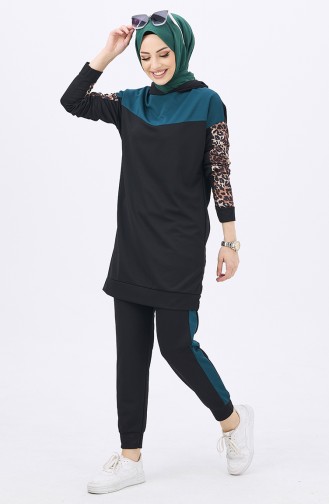 Leopar Desenli Tunik Pantolon İkili Takım 11182-05 Zümrüt Yeşili