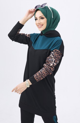 Leopar Desenli Tunik Pantolon İkili Takım 11182-05 Zümrüt Yeşili