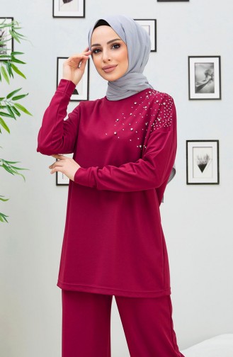 Stone Embroidered Two Piece Suit 11333-01 Claret Red 11333-01