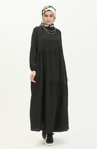 Gerafftes detailliertes Kleid 2035-01 Schwarz 2035-01