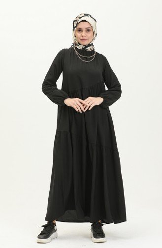 Gerafftes detailliertes Kleid 2035-01 Schwarz 2035-01