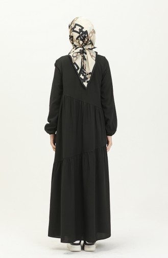 Gerafftes detailliertes Kleid 2035-01 Schwarz 2035-01