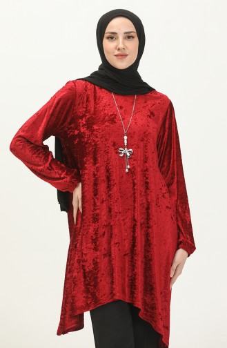 Asimetrik Model Kadife Tunik Bordo