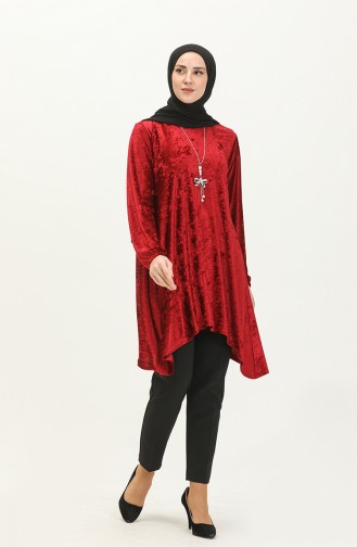 Asimetrik Model Kadife Tunik Bordo