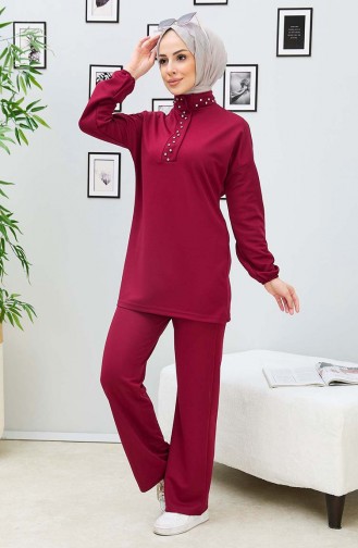 Taşlı Tunik Pantolon İkili Takım 11338-01 Bordo