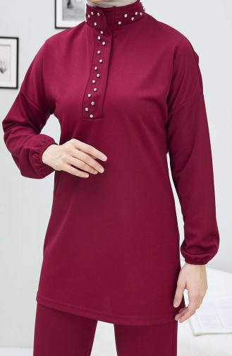 Taşlı Tunik Pantolon İkili Takım 11338-01 Bordo