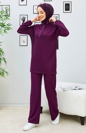 Taşlı Tunik Pantolon İkili Takım 11338-03 Mor
