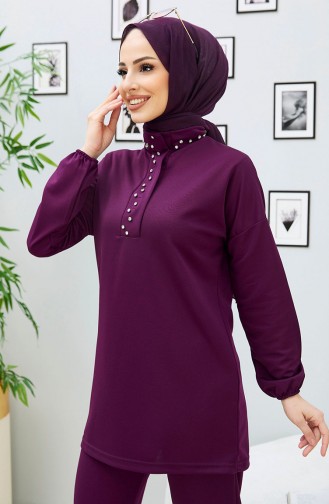 Taşlı Tunik Pantolon İkili Takım 11338-03 Mor