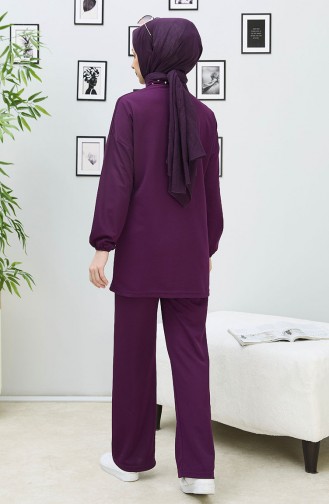 Taşlı Tunik Pantolon İkili Takım 11338-03 Mor