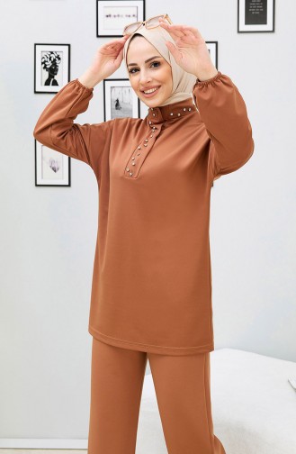 Stone Embroidered Two Piece Suit 11338-04 Tan 11338-04