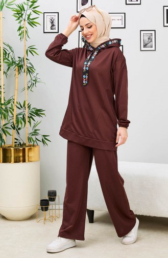 Kapüşonlu Tunik Pantolon İkili Takım 11056-04 Kahverengi
