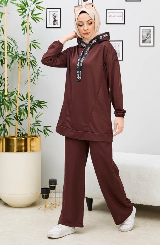 Kapüşonlu Tunik Pantolon İkili Takım 11056-04 Kahverengi