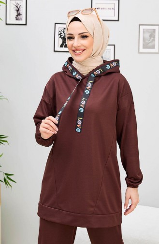 Kapüşonlu Tunik Pantolon İkili Takım 11056-04 Kahverengi