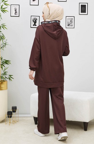 Kapüşonlu Tunik Pantolon İkili Takım 11056-04 Kahverengi