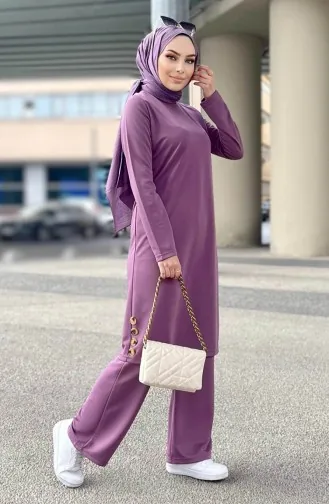 Uzun Tunik Pantolon İkili Takım 11357-02 Lila