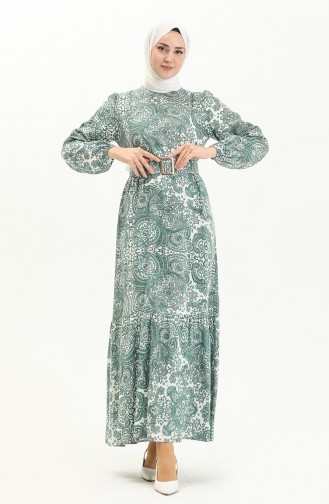 Robe en Viscose à Motifs 2433-02 Vert Noisette 2433-02