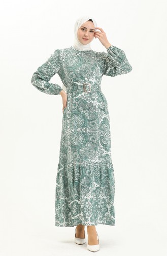 Robe en Viscose à Motifs 2433-02 Vert Noisette 2433-02