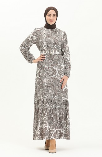 Belted Patterned Viscose Dress 2433-03 Mink 2433-03