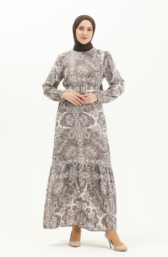 Belted Patterned Viscose Dress 2433-03 Mink 2433-03
