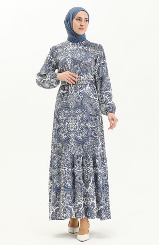 Robe en Viscose à Motifs 2433-04 İndigo 2433-04