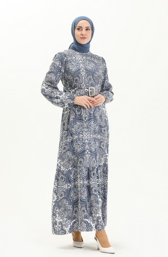 Robe en Viscose à Motifs 2433-04 İndigo 2433-04