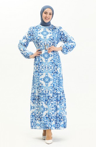 Belted Patterned Viscose Dress 2442-01 Saxe white 2442-01