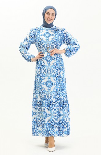 Robe en Viscose Ceinturée à Motifs 2442-01 Bleu Roi Blanc 2442-01