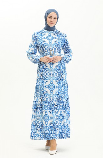 Robe en Viscose Ceinturée à Motifs 2442-01 Bleu Roi Blanc 2442-01