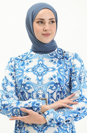 Belted Patterned Viscose Dress 2442-01 Saxe white 2442-01