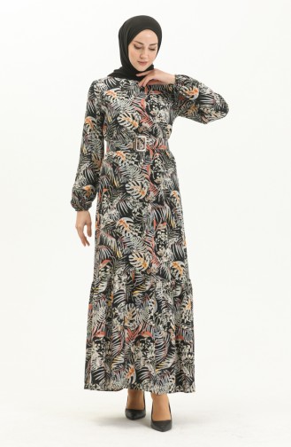 Gemustertes Kleid mit Gürtel aus Viskose 2244-05 Schwarz 2244-05