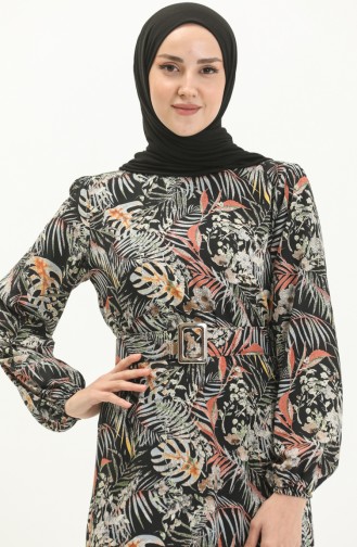 Gemustertes Kleid mit Gürtel aus Viskose 2244-05 Schwarz 2244-05