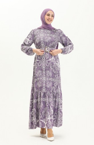 Robe en Viscose Ceinturée à Motifs 2433-01 Pourpre 2433-01