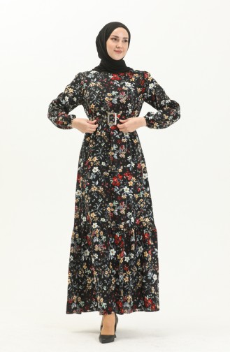 Gemustertes Kleid mit Gürtel aus Viskose 2438-04 Schwarz 2438-04