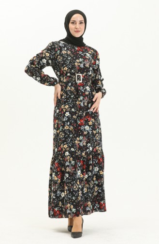Gemustertes Kleid mit Gürtel aus Viskose 2438-04 Schwarz 2438-04