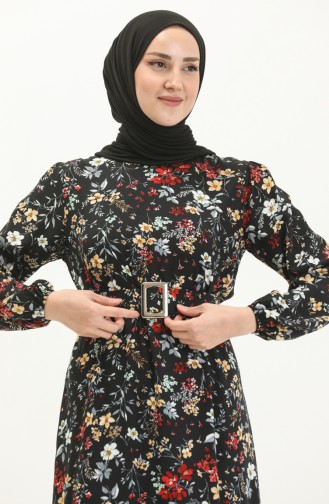 Gemustertes Kleid mit Gürtel aus Viskose 2438-04 Schwarz 2438-04
