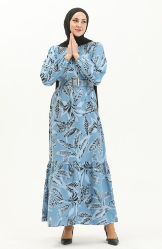 Belted Patterned Viscose Dress 2439-02 Blue 2439-02