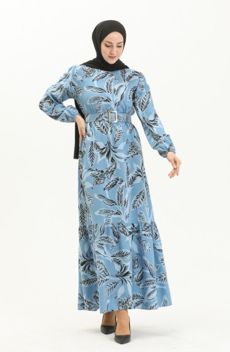 Belted Patterned Viscose Dress 2439-02 Blue 2439-02