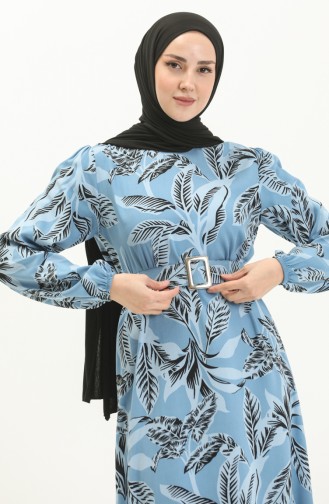 Belted Patterned Viscose Dress 2439-02 Blue 2439-02