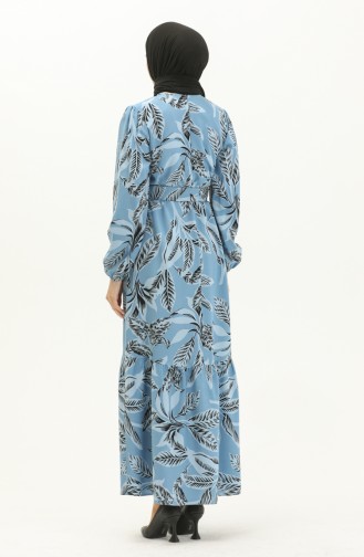 Belted Patterned Viscose Dress 2439-02 Blue 2439-02
