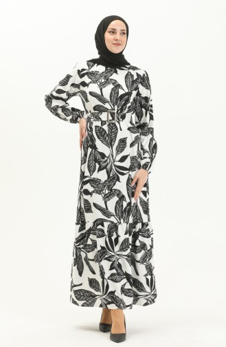 Gemustertes Kleid mit Gürtel aus Viskose 2439-01 Weiß Schwarz 2439-01